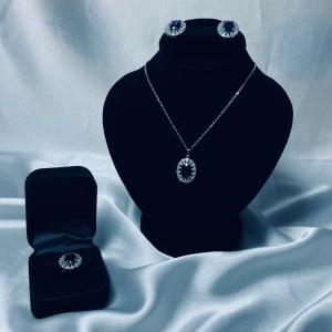 Blue Sapphire Centerpiece Silver Jewelry Set – Necklace, Earrings & Adjustable Ring