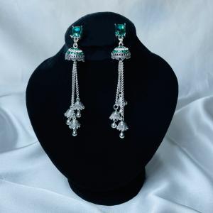 Emerald Green & Silver Jhumka Earrings