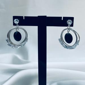 Nova – Contemporary Silver Hoop Earrings with Black & Crystal Accents