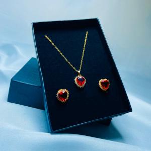Romantic Gold Red Heart Jewelry Set – Necklace & Earrings