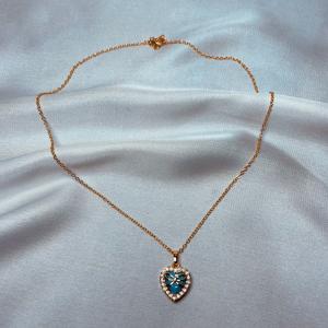 Blue Heart Bow Gold Pendant Necklace